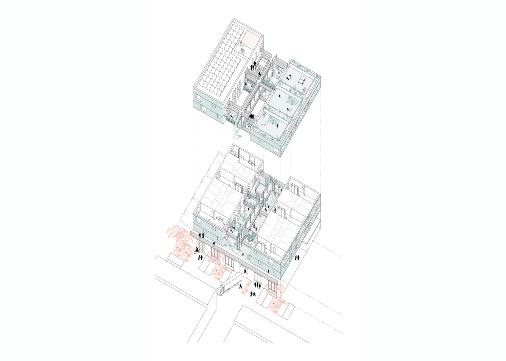 Architectonisch principe: Op de begane grond de werkplaatsen van de KMO's, boven deze plint de woningen en diverse collectieve ruimten.